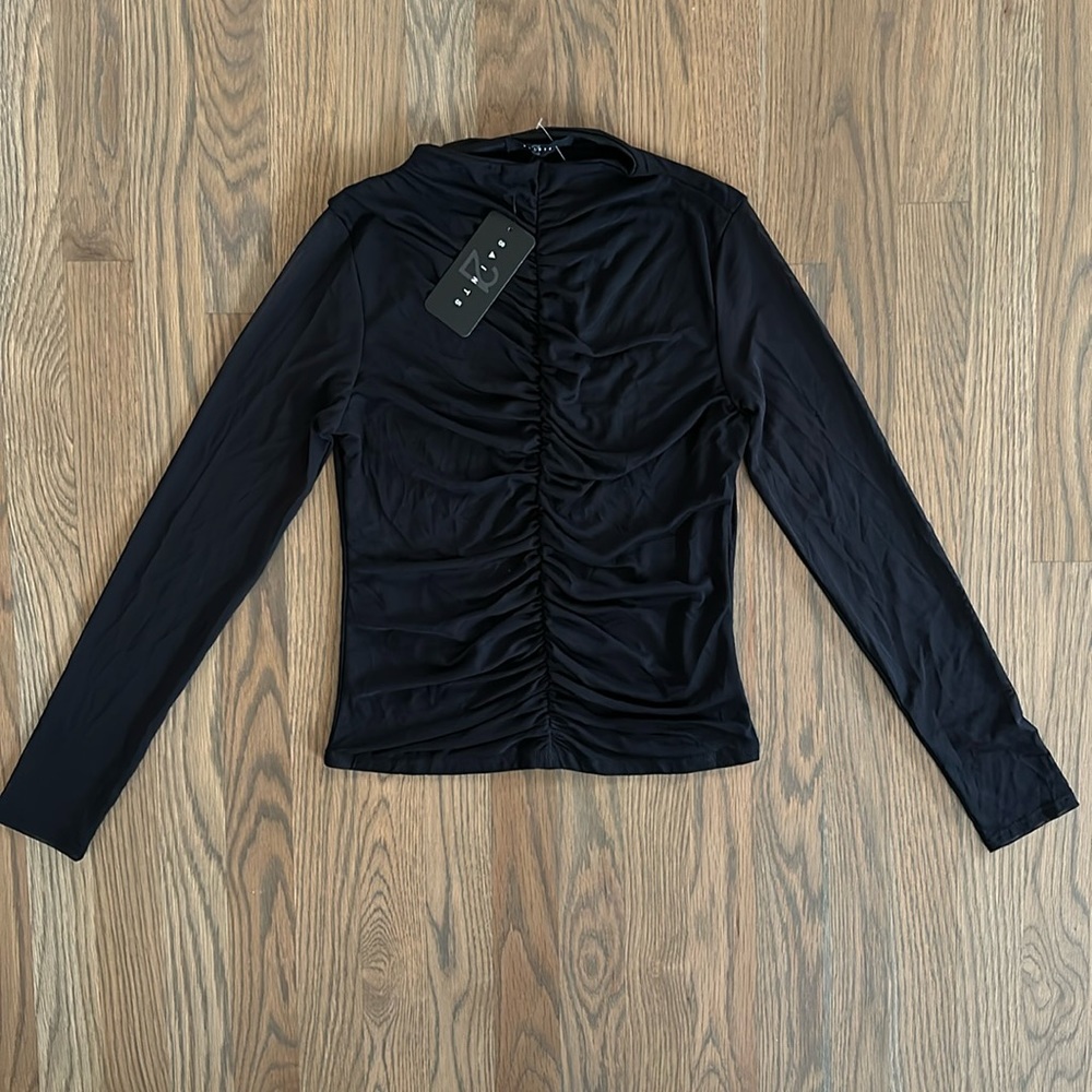 21 Saints Long Sleeve Top sz Medium Women’s Ruched Scrunched Sheer Black Mesh